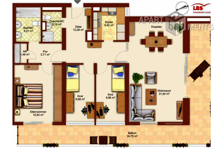 Geräumige 4-Zimmer-Wohnung mit Einbauküche und grossem Balkon im AXA-Hochhaus